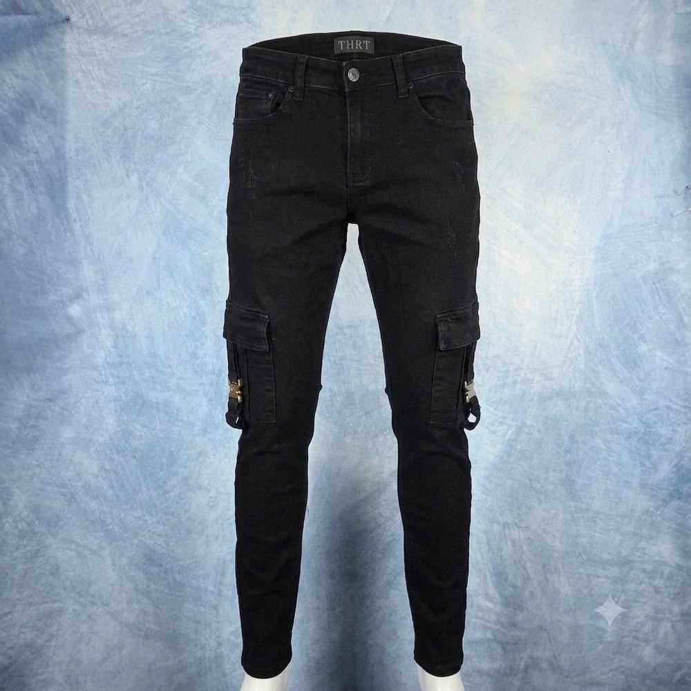 THRT Denim Mens Black Cargo Jeans Slim Fit Distressed Buckle Pockets Size 32